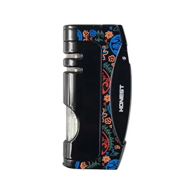 ISQUEIRO MAÇARICO HONEST JET METAL PRETO C/ FLORES